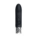 Black silicone rechargeable bullet vibrator with decorative silver base and subtle bunny design on the shaft.