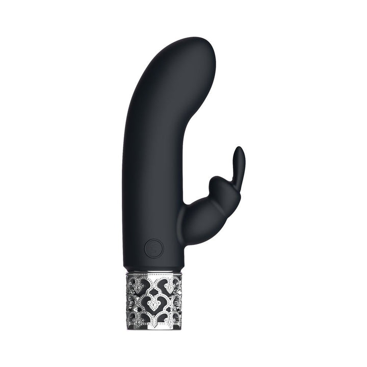 Black silicone rechargeable bullet vibrator with curved tip and decorative silver base detail on white background.