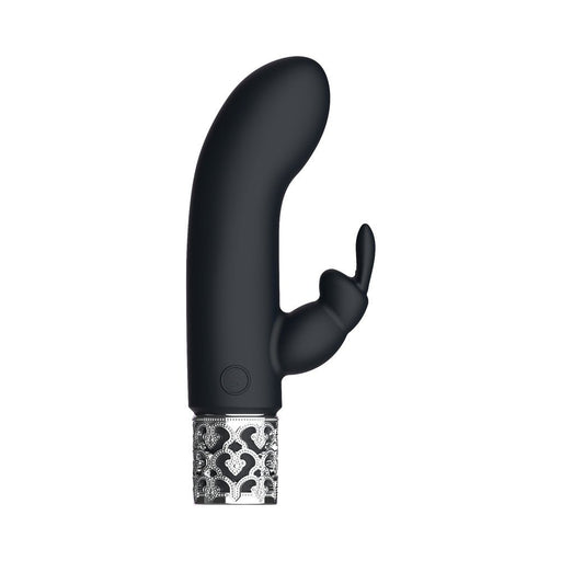 Black silicone rechargeable bullet vibrator with curved tip and decorative silver base detail on white background.