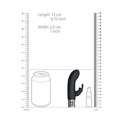 Compact black silicone rechargeable bullet vibrator with curved tip and decorative base, shown with size comparison to can and lipstick.