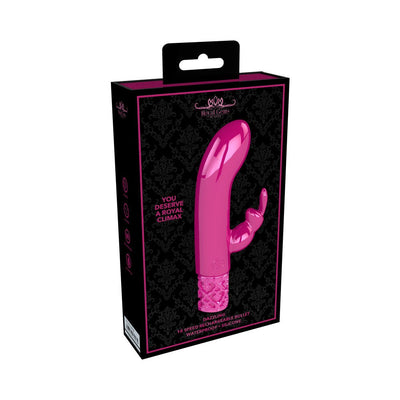 Packaging box of Royal Gems Dazzling silicone rechargeable bullet vibrator in bright pink and black design.