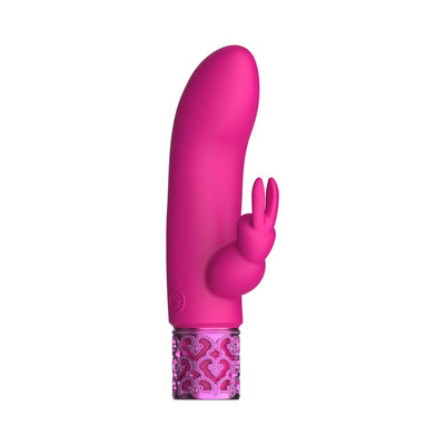 Pink silicone rechargeable bullet vibrator with rabbit-shaped clitoral stimulator and decorative jeweled base.