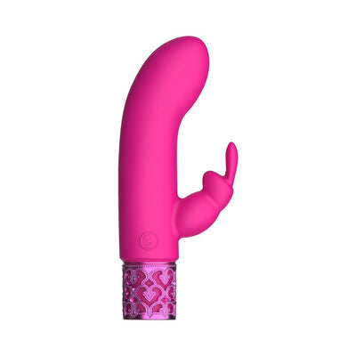 Bright pink silicone rechargeable bullet vibrator with curved tip and decorative metallic base.
