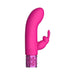 Bright pink silicone rechargeable bullet vibrator with curved tip and decorative metallic base.