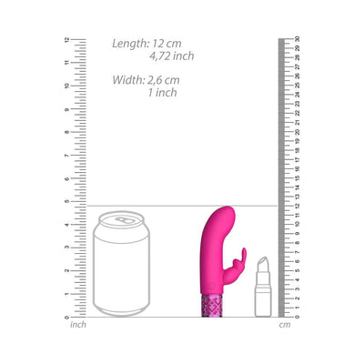 Pink silicone rechargeable bullet vibrator shown next to a soda can and lipstick for size comparison with rulers in inches and centimeters.