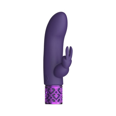 Purple silicone rechargeable bullet vibrator with rabbit-shaped clitoral stimulator and decorative base.