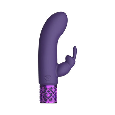Purple silicone rechargeable bullet vibrator with curved tip and decorative metallic base.