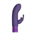 Purple silicone rechargeable bullet vibrator with curved tip and decorative metallic base.