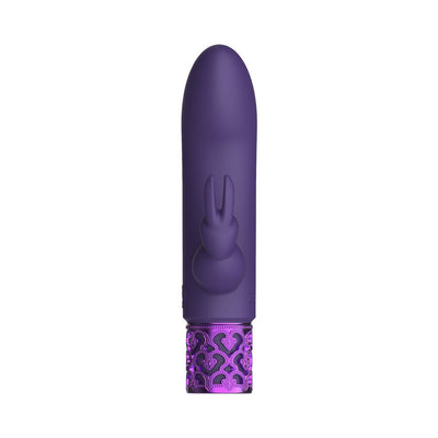 Purple silicone rechargeable bullet vibrator with textured metallic base and small rabbit-shaped clitoral stimulator.