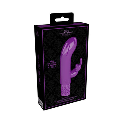 Packaging box of Royal Gems Dazzling silicone rechargeable bullet vibrator in purple and black design.