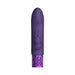 Purple silicone rechargeable bullet vibrator with textured metallic base and small rabbit-shaped clitoral stimulator.