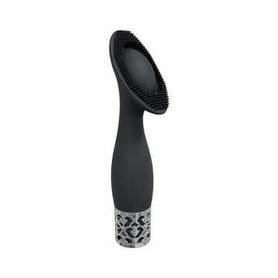 Black silicone rechargeable vibrator with textured bristles and decorative silver base detailing
