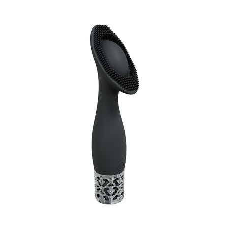 Black silicone rechargeable vibrator with textured bristles and decorative silver base detailing