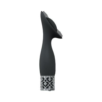 Black silicone Royal Gems Duchess vibrator with textured bristles and decorative silver base.