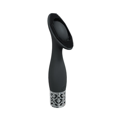 Black silicone vibrator with textured oval head and decorative silver base detailing, standing upright on white background.