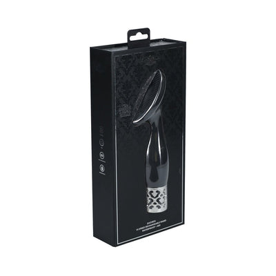 Black Royal Gems Duchess silicone vibrator in sleek packaging with decorative silver base and ergonomic design.