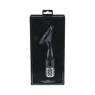 Black Royal Gems Duchess silicone vibrator in sleek packaging with decorative silver base, rechargeable and waterproof design.