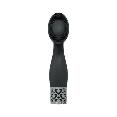 Black silicone rechargeable vibrator with textured bristles and decorative silver base detailing, Royal Gems Duchess design.