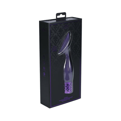 Purple Royal Gems Duchess silicone rechargeable vibrator in black decorative packaging with clear window display