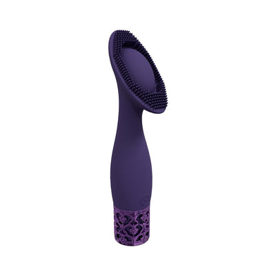 Purple silicone rechargeable vibrator with textured bristles and decorative base detailing, Royal Gems Duchess design.