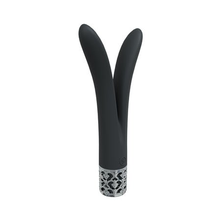 Black dual-prong silicone vibrator with decorative silver base, designed for versatile internal and external stimulation.