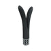 Black dual-prong silicone vibrator with decorative silver base, designed for versatile internal and external stimulation.