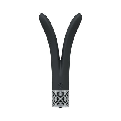 Black V-shaped silicone vibrator with decorative silver base and dual flexible arms.