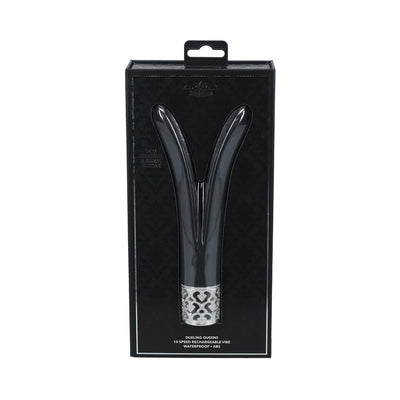 Black V-shaped dual-arm silicone vibrator in sleek black packaging with silver decorative base, labeled for 10-speed rechargeable use.