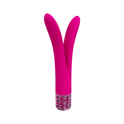 Pink dual-prong silicone vibrator with decorative jeweled base for versatile stimulation and rechargeable use.