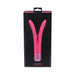 Pink dual-prong silicone vibrator in black and pink packaging with decorative base and 10-speed rechargeable feature.