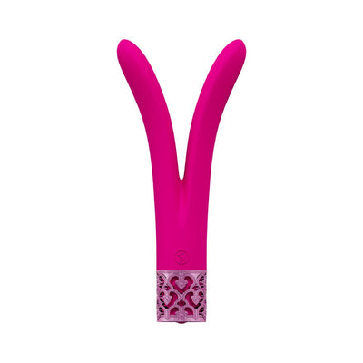 Pink V-shaped silicone vibrator with decorative patterned base, designed for versatile internal and external stimulation.