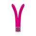 Pink V-shaped silicone vibrator with decorative patterned base, designed for versatile internal and external stimulation.