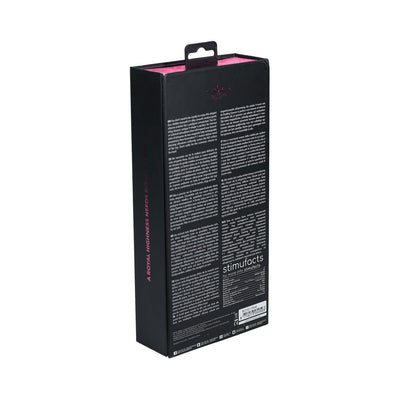 Black and pink packaging box of the Royal Gems Dueling Queens silicone rechargeable vibrator showing product details and specifications.