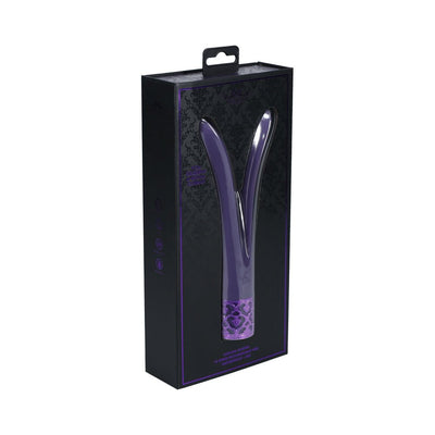Royal Gems Dueling Queens V-shaped purple silicone vibrator in sleek black and purple packaging.