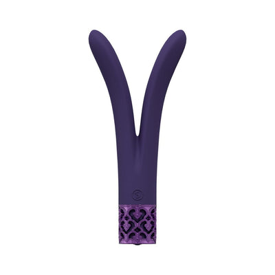 Purple V-shaped silicone vibrator with decorative textured base, designed for versatile stimulation and rechargeable use.