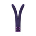 Purple V-shaped silicone vibrator with decorative textured base, designed for versatile stimulation and rechargeable use.