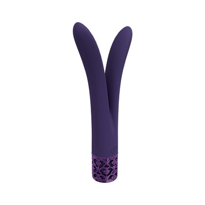 Purple dual-prong silicone vibrator with decorative jeweled base and smooth curved design.