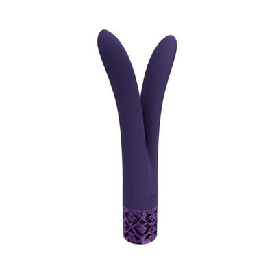 Purple V-shaped silicone vibrator with decorative base, designed for versatile internal and external stimulation.