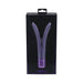 Purple V-shaped silicone vibrator with decorative base in black and purple packaging box.