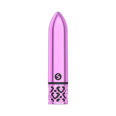 Compact metallic pink bullet vibrator with decorative filigree base and sleek pointed tip design.