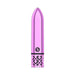 Compact metallic pink bullet vibrator with decorative filigree base and sleek pointed tip design.
