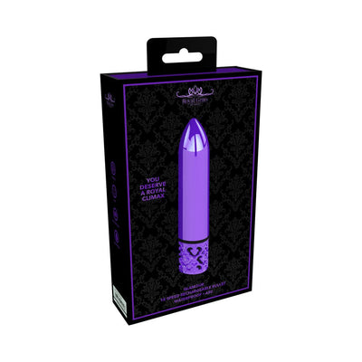 Packaging of Royal Gems Glamour rechargeable purple bullet vibrator with decorative base and black damask background.