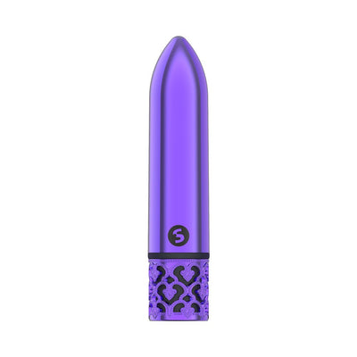 Compact purple rechargeable bullet vibrator with decorative filigree base and sleek metallic finish.