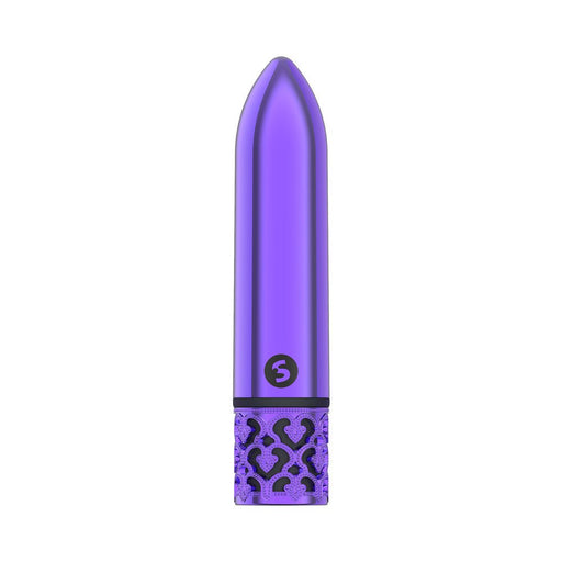Compact purple rechargeable bullet vibrator with decorative filigree base and sleek metallic finish.