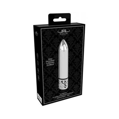 Packaging box of Royal Gems Glamour rechargeable bullet vibrator with sleek silver design and decorative base.