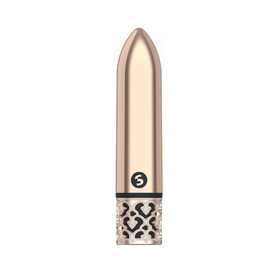 Rose gold rechargeable bullet vibrator with decorative filigree base and sleek metallic finish