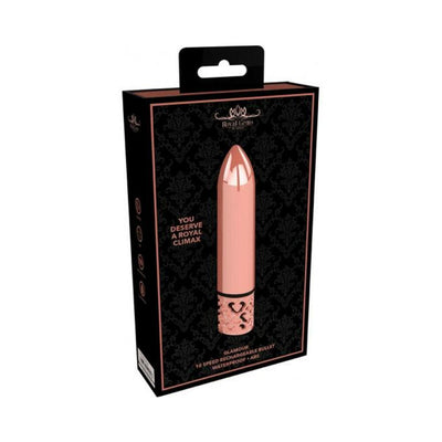 Packaging box of Royal Gems Glamour rechargeable bullet vibrator in rose gold and black design