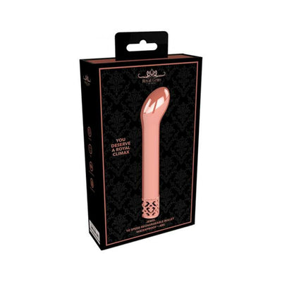 Packaging box of Royal Gems Jewel G-spot vibrator in rose gold with elegant black and pink design.