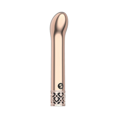 Rose gold Royal Gems G-spot vibrator with curved tip and decorative filigree base on white background.