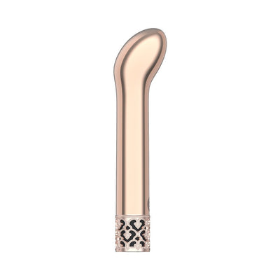 Sleek rose gold curved G-spot vibrator with decorative filigree base detail on white background.